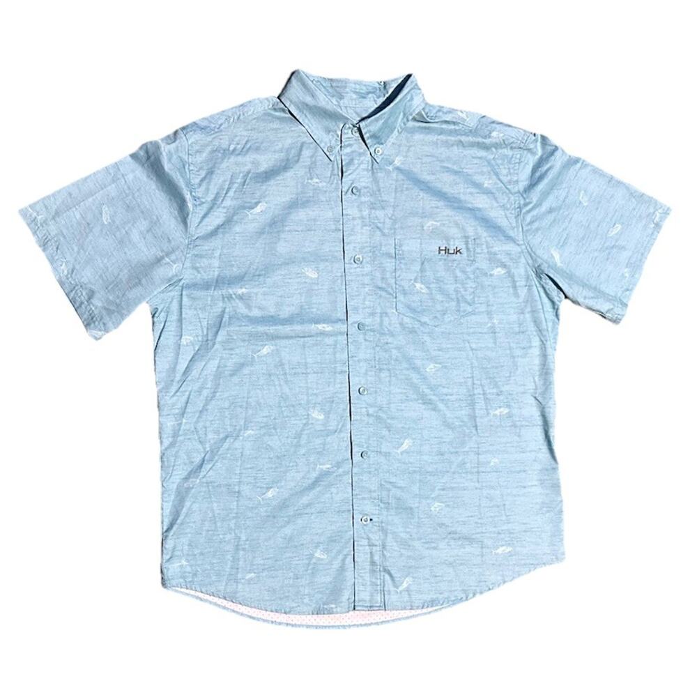 HUK SS woven Teaser Fishing Shirt Aqua Blue Men’s M Button Down Airy Tuna Print